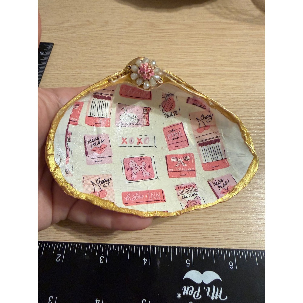 Handmade Decoupage Clam Shell Trinket Dish Gold Gilded Pink Poodle Swan 4.5"